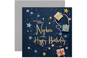 OLD ENGLISH COMPANY Old English Co. Nephew Birthday Card for Him - Navy Blue Male Birthday Card for Family - Stars Wrapped Gifts Presents Card Design - Modern Birthday Card | Blank Inside