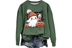 EQWIGKEIT Halloween Pullover Damen Sweatshirt Damen Ohne Kapuze Pullover Kürbisse Und Geister Drucken Langarm Rundhals Pulli Halloween Druck Festival Festlich Langarmshirt Locker Oberteil Halloween Kostüm