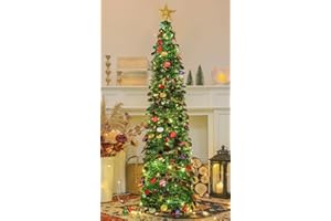 HMASYO 5FT/1.5M Pop Up Christmas Tree with Timer Lights, Green Tinsel Christmas Tree, Collapsible Artificial Pencil Tree Xmas Decoration for Indoor Home Apartment Porch Party, Easy Assembly