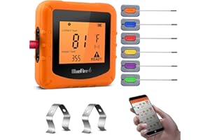 BlueFire Termometro Cucina, Termometro Digitale Barbecue, Wireless Bluetooth Termometro con 6 Sonde, Timer e Display LCD, per Barbecue, Cucina, Bistecca, Grill, Forno, Carne, Supporta iOS e Android