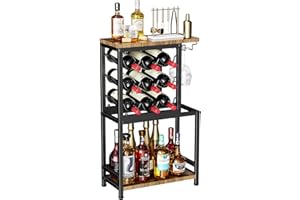 Nuovoware Wine Rack Freestanding Floor, 3 Tier Wine Rack Tabletop with Glasses Holder, Versatile Liquor Stand for Home Bar, Mini Bar Table Corner Liquor Whiskey Wine Display Stand, Black+Brown
