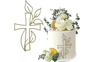 WOOXDYUK 1 decorazione per torta a forma di croce, torta, color oro, acrilico, effetto specchio iridescente, per matrimoni, compleanni, Natale, feste e altro ancora, croce e foglie