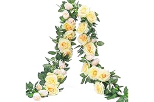KSNNRSNG Künstlich Rosen Blumengirlande Kunstblumen Seidenblumen Blumen Rose Girlande Hängend Rebe für Zuhause Wand Hochzeit Bogen Anordnung Dekoration (2 Stücke, 9 Blumen - Champagner)