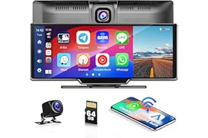 HIKITY Bezprzewodowy wyświetlacz Apple Carplay z systemem Android z kamerą na deskę rozdzielczą 2,5 K, kamera cofania 1080p, wyświetlacz Carplay 9,3" z Bluetooth, Mirror Link, transmiter FM, kabel AUX, karta