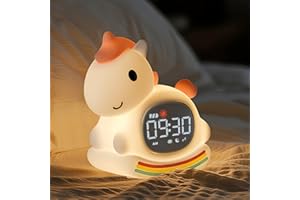 YILIAW Alarm Clock with Night Light for Kids, Sleep Training Clock with Sound Machine, Rechargeable Silicone OK to Wake Clock，Cute Animal Tabletop Lamp, Perfect Sleep Companion for Boys Girls, Pink Pony