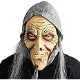 CreepyParty Old Witch Mask with Hair and Headscarf Human Realistic Full Head Latex Mask Fancy Dress for Halloween Carnival Costume Party