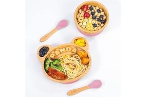 Vinsani Bamboo Panda Plate Bowl and Spoon Set for Baby Toddler Kids Children, Suction Plate, Stay-Put Non-Slip Base Design, Hypoallergenic, Food-Grade Silicone and BPA-Free Baby Feeding Set (Pink)