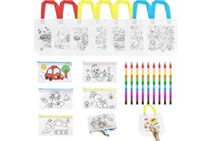 Elepl 12 Pcs Sac a Colorier Enfant + 10 Crayon de Couleur Empilables Kit Peinture Enfant Sac à Colorier Sac à Main à Colorier Enfant Sac Graffiti Double Face pour DIY Cadeau Anniversaire Enfants