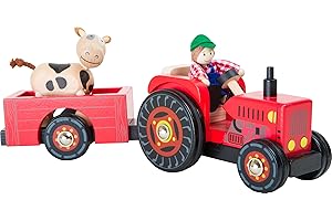 Small Foot 10316 Wooden Tractor with Trailer Farm, with farmer & cow bending figurines and rubber wheels, for ages 3+