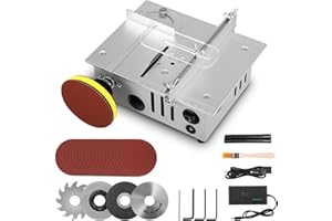 VIHBRAI Mini sierra circular de mesa con disco de pulido y 4 cuchillas, mini sierra circular con fuente de alimentación de 7 velocidades ajustable, hoja de sierra de 0,1 a 15 mm, altura ajustable, sierra