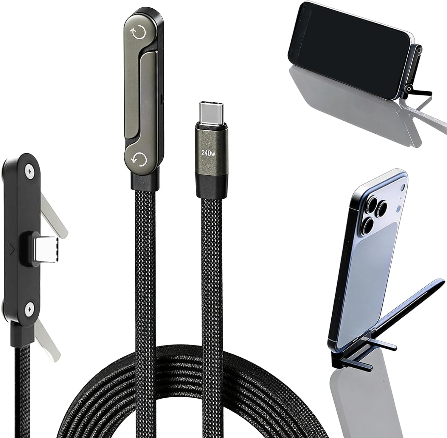 nnOuOnn Invisible Foldable Holder Charger Cable with Stand, 240w Fast Charging Stand Sideways Data Cables with Bendphone Accessories, Flat USB c 5 FT/150cm, for iPhone 17 Series, S25 S24 Ultra