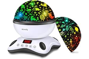 Moredig Dinosaurio Lampara Proyector Infantil, 360° Rotación Lampara Bebe con Temporizador y Control Remoto, 8 Modos Romántica Luz de La Noche, Regalo de Cumpleaños