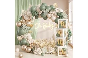 Salvia grön guld baby shower dekorationer, 137 st grön och guld ballong bågsats med ballonglådor, pojkar flickor baby shower dekorationer, djungel safari födelsedag kön avslöja dop festtillbehör
