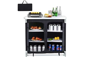 Warmiehomy Folding Camping Storage Cupboard Portable Camping Kitchen Unit with Aluminium Frame, 1 double cupboard, Black, 100×50×80cm