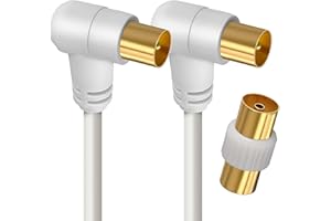 apm Câble TV Antenne 9.52mm, Coudé 2 Mètres, Connecteurs Gold Mâle/Mâle, Cordon Coaxial 90° Blanc avec Adaptateur Femelle/Femelle Inclus, Compatible TV Décodeur TNT Fiche Murale 9.52mm, 408018