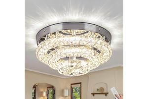 Jenvkoil Modern Crystal Chandelier Dimmable Flush Mount Ceiling Light LED Ceiling Fixture for Living Room Dining Room Hallway