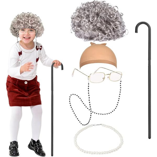 DKDDSSS 7 Pezzi Parrucca da Nonnina, Parrucca da Nonna con Occhiali e Collana di Perle Artificiali, Grigio, per Feste e Cosplay