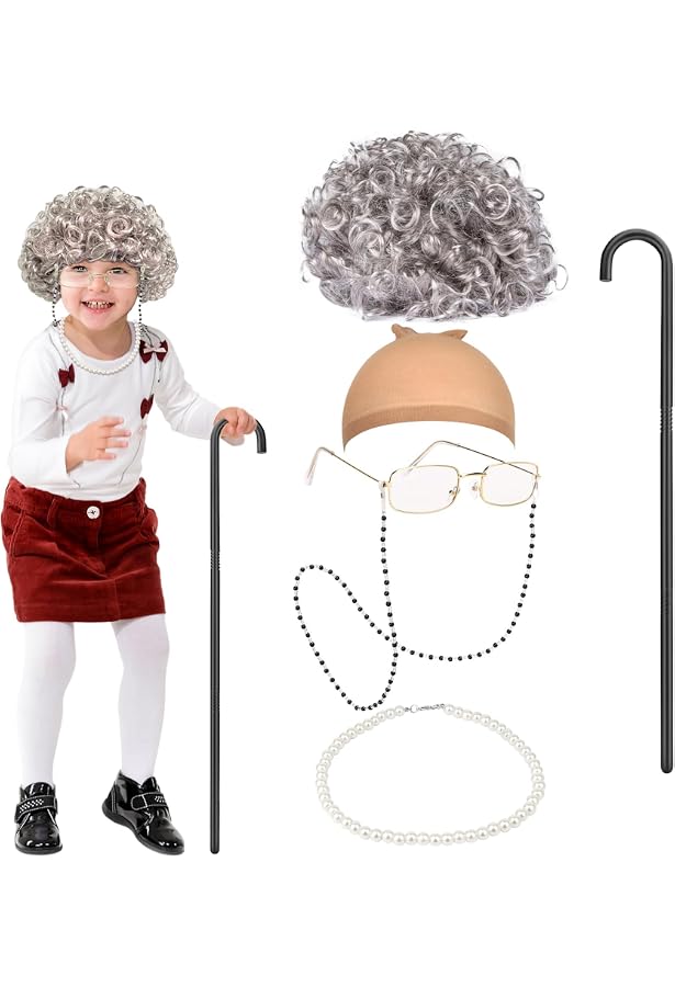 Kit Déguisement Grand-Mère Complet – Perruque Grise Bouclée + Lunettes + Bijoux Perles, Idéal Halloween Et Cosplay