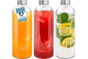HEFTMAN Szklana butelka na wodę, 1 l, 3 sztuki, puste szklane butelki z pokrywkami, na wodę, smoothie, szklane butelki na sok, szczelne, ze stali nierdzewnej i szczotką do czyszczenia, do pracy