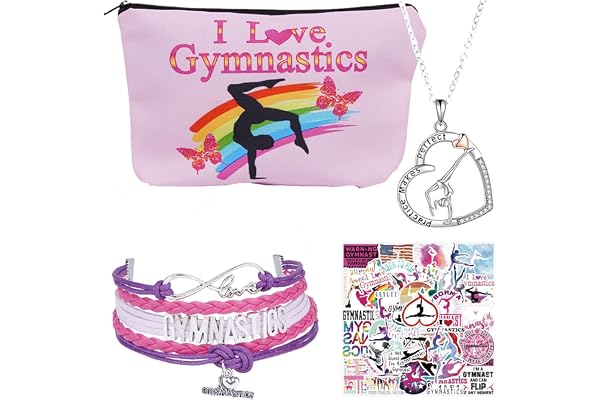 Ensemble d'accessoires de gymnastique pour fille – Bracelet, chaîne, trousse de maquillage et autocollant – Sac de gym fille