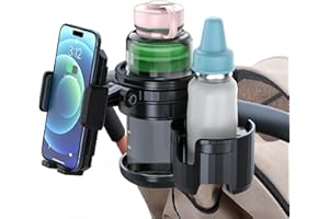 HONETEEK Pram Cup Holder, 3-in-1 Cup Holder for Pram with Cell Phone Holder Secure Attachment, 360° Adjustable Universal Cupholder for Pram, Pushchair, Buggy, Wheelchair, Bike, Baby Essentials