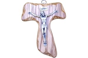 FIDES RELIGIOUS Crocifisso da Parete, TAU Francescano - Made in Italy, Artigianale - Cristo e INRI Placcati Argento 999 - Tau da Parete - Legno Pregiato Ulivo - Tau San Francesco (10x12cm - TAU con Corpo)