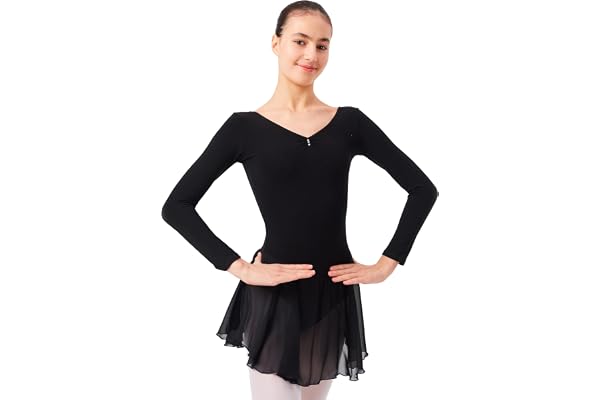 tanzmuster justaucorps à manches longues "Anna" pour enfants avec jupette en mousseline et trois pierres strass danse classique, rose, blanc, bleu clair, noir, rose vif, lavande, bordeaux, bleu marine et lilas
