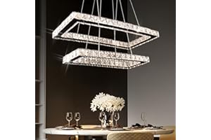 GENERIC Lampadario moderno in cristallo rettangolare a 2 anelli, lampada a sospensione in acciaio inox, lampadari a led per sala da pranzo, soggiorno, camera da letto (luce variabile)