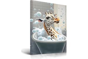 UPWOIGH Funny Bathroom Wall Art, Colorful Giraffe Wall Decor, Waterproof Wood Framed Canvas Wall Art Bathing Animals Abstract Prints, 30x40CM High-end Pictures for Bedroom Kids Room Dormitory 1 Pack