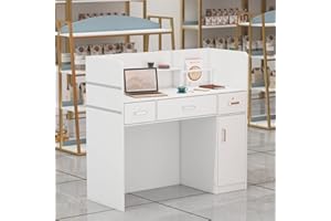 DEZAGCE Empfangstheke, Rezeptionstheke, Empfangstresen, Rezeption-Tisch, Rezeptionsmöbel, Bürotheke, mit 3 Schubladen, verfügbar, Sichtschutz, Weiß, MDF, Metallgriff, 110H x 120B cm