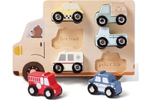 WOODEN TEETHER Lot de 6 voitures en bois - Camion pompiers, ambulance, taxi - Jouets Montessori pour enfants dès 1 an