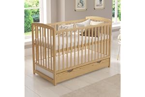 Love For Sleep JACOB Baby Cot Bed 120x60cm with Quilted Microfiber Foam Mattress – Convertible Wooden Toddler Bed with Large Drawer with Anti-Dust Cover, Guard Rail and Teething Rails (Pine)