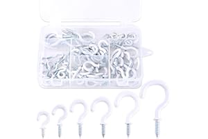 GLARKS Kit de 100 crochets de plafond à visser en vinyle blanc de 6 tailles différentes pour tasses, crochets à vis, crochets pour vêtements, kit d'assortiment pour usage