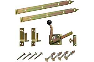 BRESKO Ladenband Set Gartentor Scharnier Torband, Kloben, Gartentorfalle und Schrauben 2er Set gelb Stahl verzinkt 300-800 mm Türband Torbeschlag (2er Set - 400x35 mm - Ø13 mm)