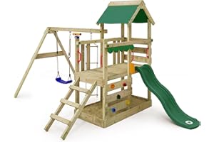Gioco da giardino WICKEY TurboFlyer con altalena e scivolo verde, struttura da esterno per bambini con sabbiera, scaletta e accessori da gioco