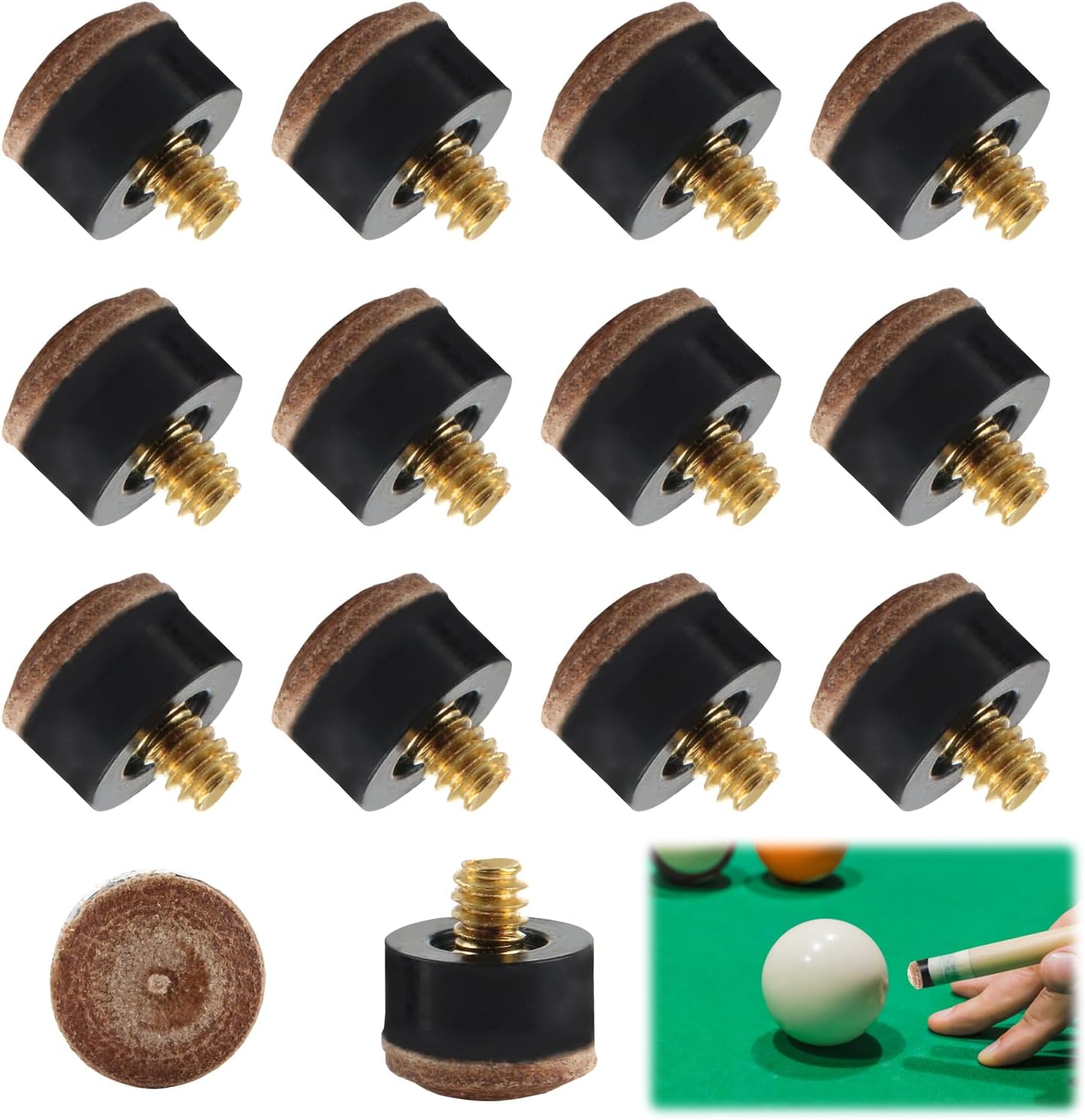 Ownkim Conjunto de 12 Puntas de Taco de Billar de 12 mm,Puntas de Repuesto Roscadas para Billar,marrón Duro Puntas de Billar,Accesorios Duraderos de Cuero para Mejorar tu Juego de Billar