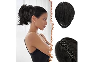 BARSDAR Claw Clip Ponytail Bun, 8 In Short Straight Ponytail Hair Bun Extension Synthetic Black Hair Clip In Bun Hair Pony Tails Hairpieces Natural Soft Daily Party (Natural Black)
