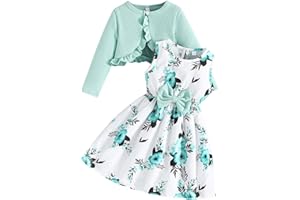 Kunyeah Vestido de niña pequeña con conjunto de cárdigan Vestido floral sin mangas de niña pequeña Abrigo con volantes Traje de manga larga para bebé