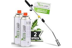 Green Camp® Weed Killer with Gas Cartridges - Sturdy Weed Burner with Piezo Ignition Infinitely Adjustable - Gas Burner Made of High-Quality Metal with Ergonomic Handle (2 Cartridges)