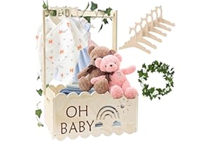 Twshiny Baby Shower Crate, Wooden Baby Shower Hamper Basket Baby Shower Clothes Rack with Hangers Baby Gifts for New Born Baby Girl Boy