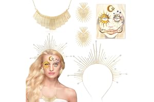 DPKOW Halo Couronne Bandeau Déesse du Soleil Accessoires de Costume, Déesse du Soleil Coiffe Collier Boucles d'oreilles Tatouage du Visage Déesse Grecque Accessoires de Costume Femmes Carnaval Cosplay