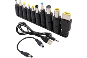 VISSQH Cavo di Alimentazione da USB a DC,10 in 1 Adattatore di Alimentazione DC 5.5x2.1 mm Femmina a Maschio Jack Connettore,Barrel Tips DC per laptop,altoparlanti,power bank,router,ecc(Nero)