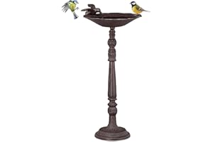 Relaxdays Abreuvoir en Fonte sur Colonne, Décoration pour Jardin,mangeoire avec Soucoupe pour Oiseaux Sauvages 40 cm, Haut Brun, Marron