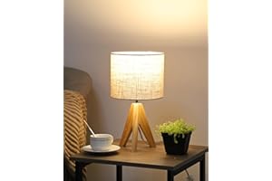 ‎EDISHINE EDISHINE Nachttischlampe Tischlampe Holz, E27 Fassung, Stativ Vintage Landhaus, Beiger Lampenschirm aus Leinen, für modern Deko Schlafzimmer, Wohnzimmer, Nachttisch