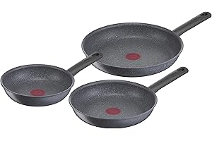 TEFAL G28090 Zestaw patelni Natural On, 20/24/28 cm, nieprzywierająca, mineralna powłoka, wskaźnik Thermo Signal, Grube dno Thermo Fusin, do wszystkich kuchenek, szary