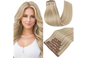 RUNATURE Blonde Hair Extensions Clip in Human Hair Blonde Highlight Ash Blonde Clip in Hair Extension Real Hair Blonde Clip in Hair Extensions Human Hair 12 Inch 80 Gram 7PCS