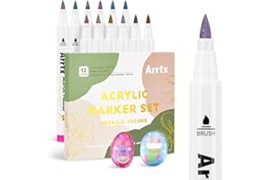 Arrtx Penne Acriliche Metallizzate 12 Colori, Pennarelli Glitter Per Pittura Su Roccia, Pennarelli a Pennello in Metallo, Pennarelli Acrilici Per Ceramica, Vetro, Tela, Legno, Uovo di Pasqua