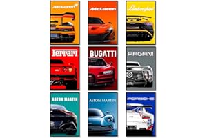 CUNEGRA Lot de 9 affiches de voiture - Impression sur toile - Ferrari Lamborghini McLaren Pagani - Motif voitures de sport modernes - Supercar classique - Pour homme et garçon - Décoration esthétique