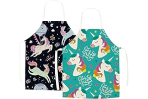 WOLEPAZ 2 Pcs Kids Aprons, Cartoon Style Adjustable Child Chef Aprons, Linen Unicorn/Dinosaur Horse Aprons for Boys Girl's Kitchen Cooking Baking Painting Wear