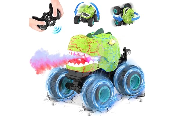 Kssvzz Dinosaure Voiture Télécommandée, 2.4GHz Dinosaure Monster Truck Telecommande avec Spray, LED et Sons, Cadeau pour Enfant de 3 4 5 6 7 8 9 10 Ans, Jouet Garcon 3-10 Ans, Cadeaux de Noël (Vert)